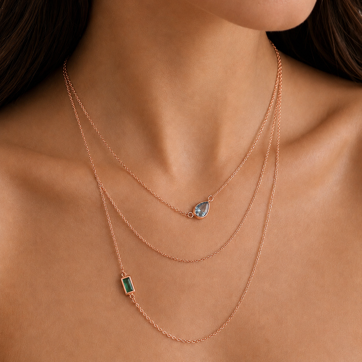 Bonheur Jewelry Ambroise 3 Strand Necklace, gold/rhodium finish, green crystal, necklace, styled view.