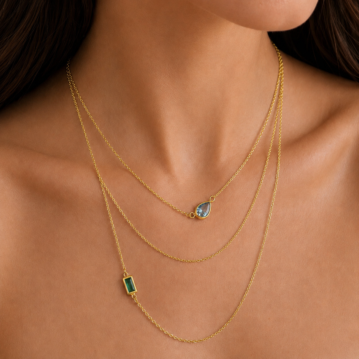 Bonheur Jewelry Ambroise 3 Strand Necklace, gold/rhodium finish, green crystal, necklace, styled view.