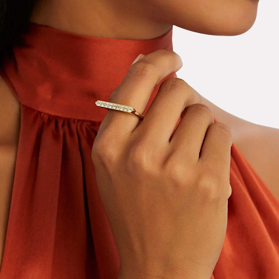 Bonheur Jewelry Anais Gold Bar Ring, 18k gold plated finish, Swarovski crystal, ring, side view.