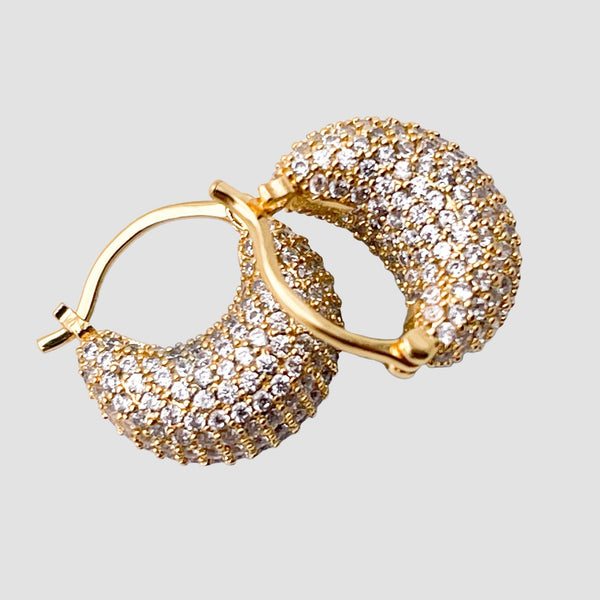 Round White Swarovski hoop huggie earrings-Women's mini hoop earrings with crystals