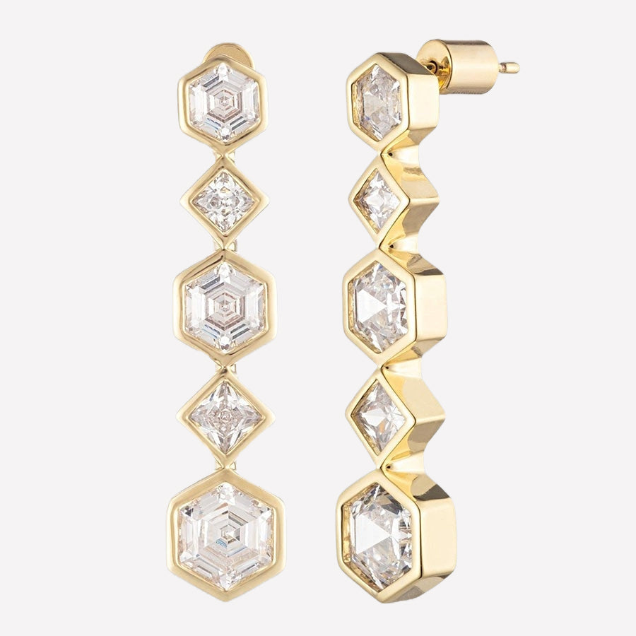Bonheur Jewelry Milou Gem Drop Earrings, gold, rose gold, or rhodium finish, Swarovski crystal, earrings, styled view.