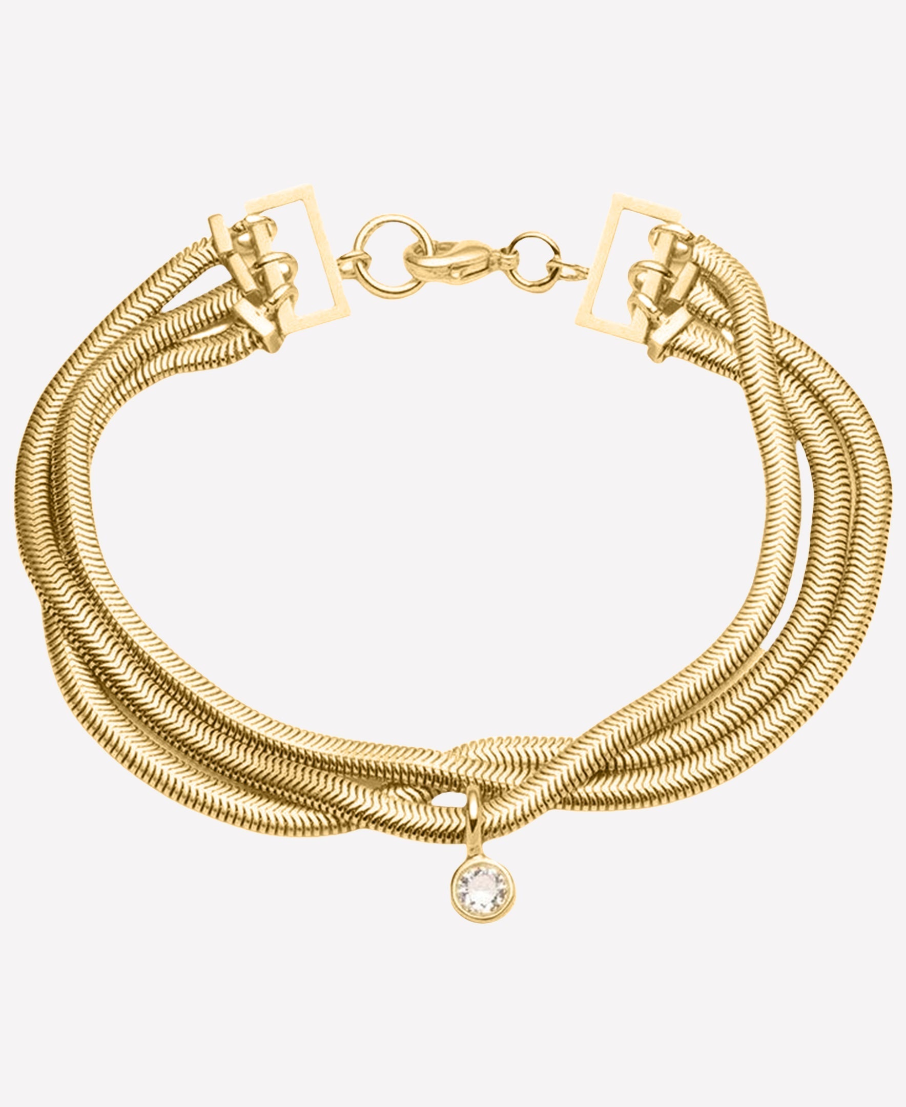 Bonheur Jewelry Lucile Gold Snake Chain Bracelet, 18k gold plated flat snake chain bracelet with Swarovski crystal, scale view.