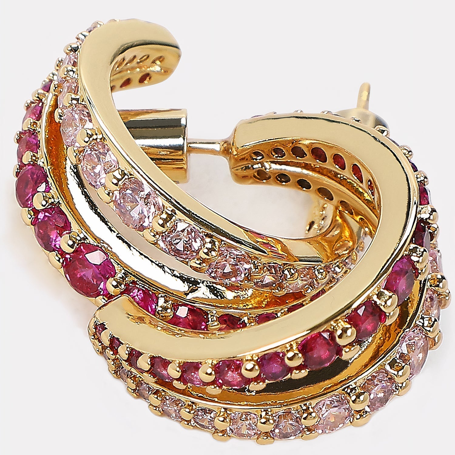 Bonheur Jewelry Mariah Pink Hoop Earrings, gold/rhodium finish, pink Swarovski crystal hoop earrings, styled view.