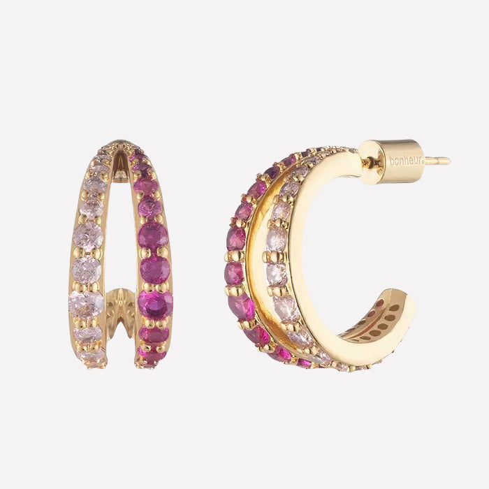 Bonheur Jewelry Mariah Pink Hoop Earrings, gold/rhodium finish, pink Swarovski crystal hoop earrings, styled view.