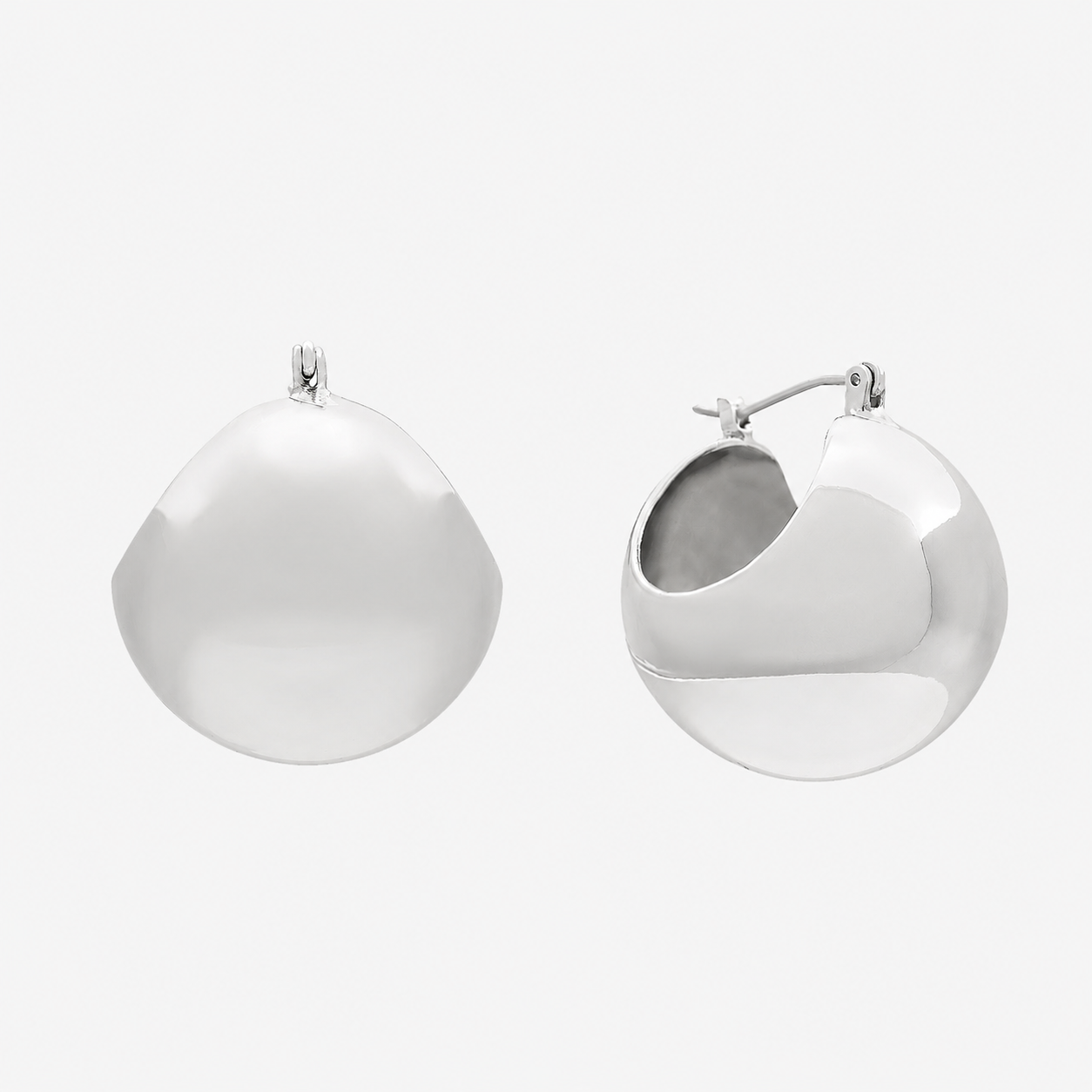 Bonheur Jewelry Roxane Gold Chunky Hoops in rhodium plating, polished silver chunky hoop earrings, product view.