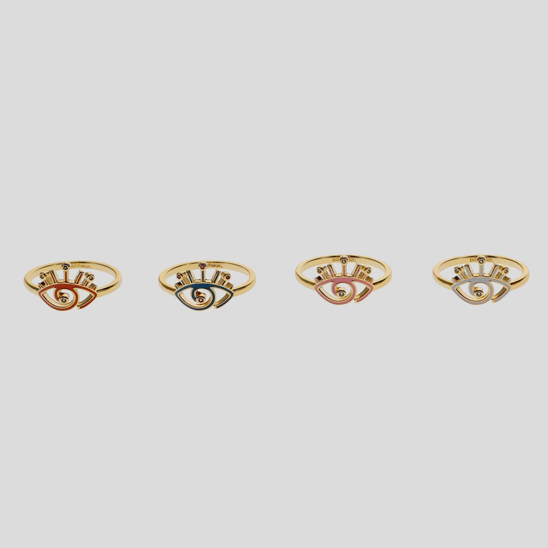 Yellow Gold Enamel Ring-Evil Eye Pinky Ring for Women