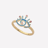 Yellow Gold Enamel Ring-Evil Eye Pinky Ring for Women