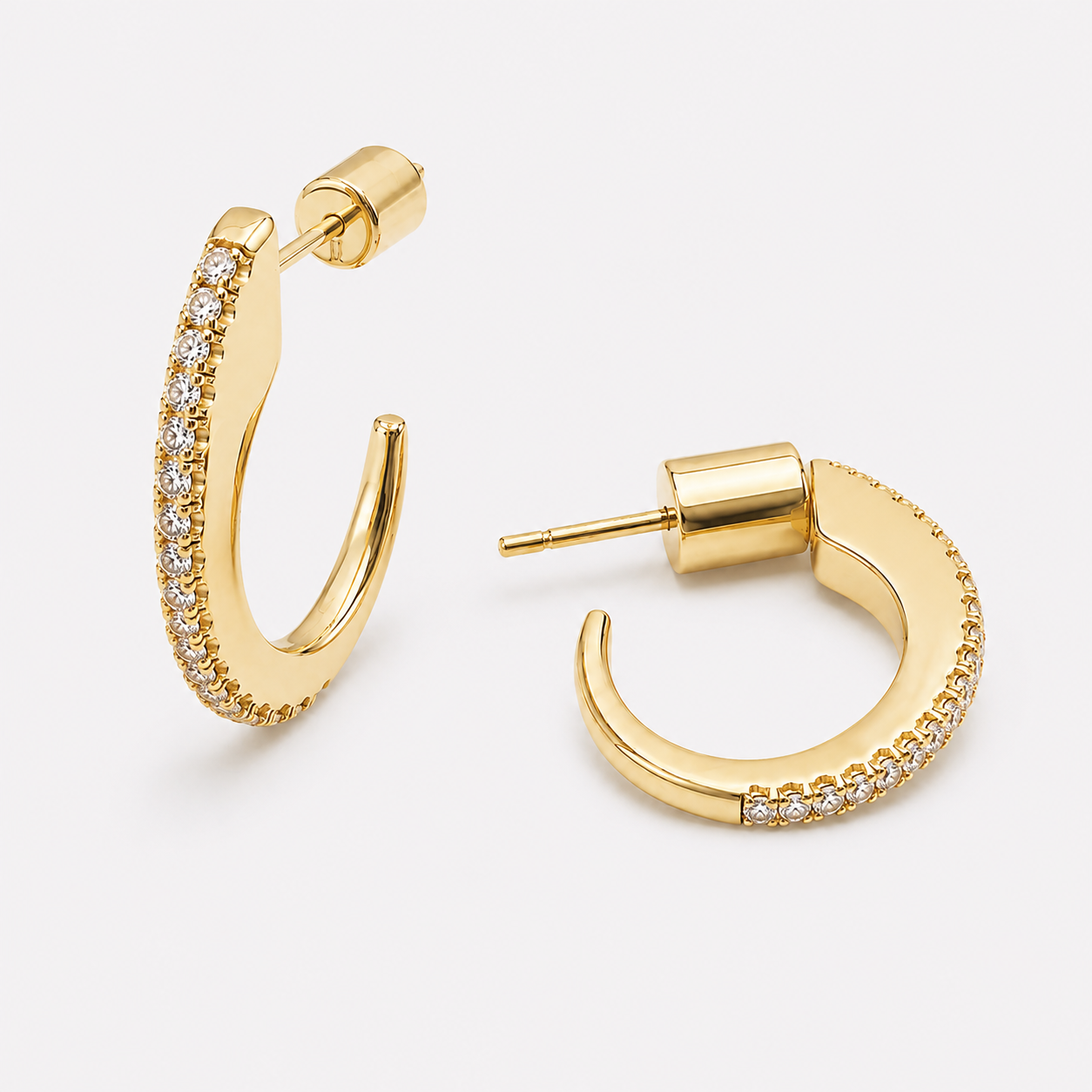 Bonheur Jewelry Kimmy J Small Hoop Earrings, 18k gold or rhodium finish, champagne Swarovski crystal, hoop earrings, styled view.