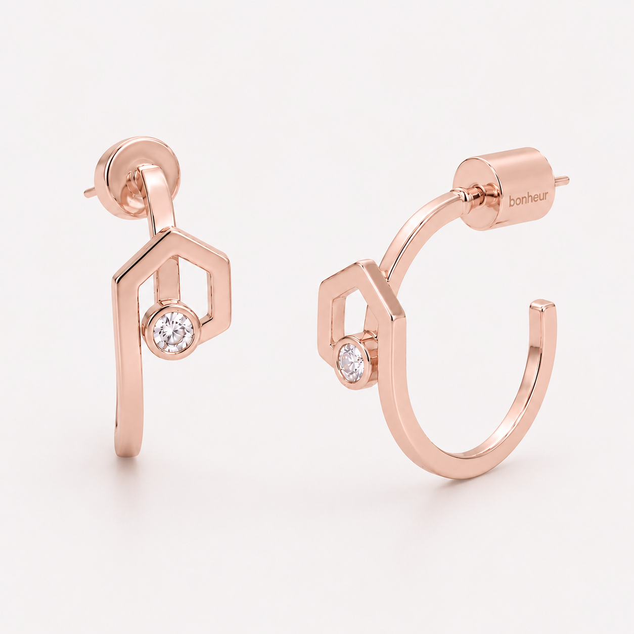 Bonheur Jewelry Julien Small Hoops, gold, rose gold, or rhodium finish, Swarovski crystal, hoop earrings, side view.