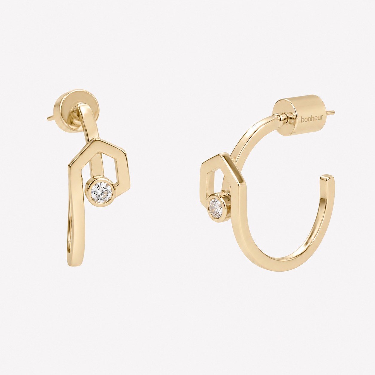 Bonheur Jewelry Julien Small Hoops, gold, rose gold, or rhodium finish, Swarovski crystal, hoop earrings, side view.