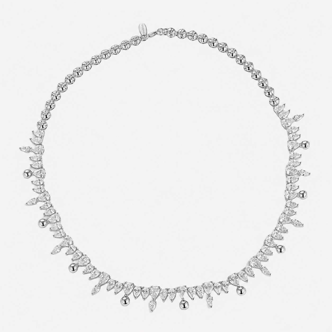 Bonheur Jewelry Roxane Ball Chain Necklace, gold or rhodium finish, white Swarovski crystal, necklace, styled view.