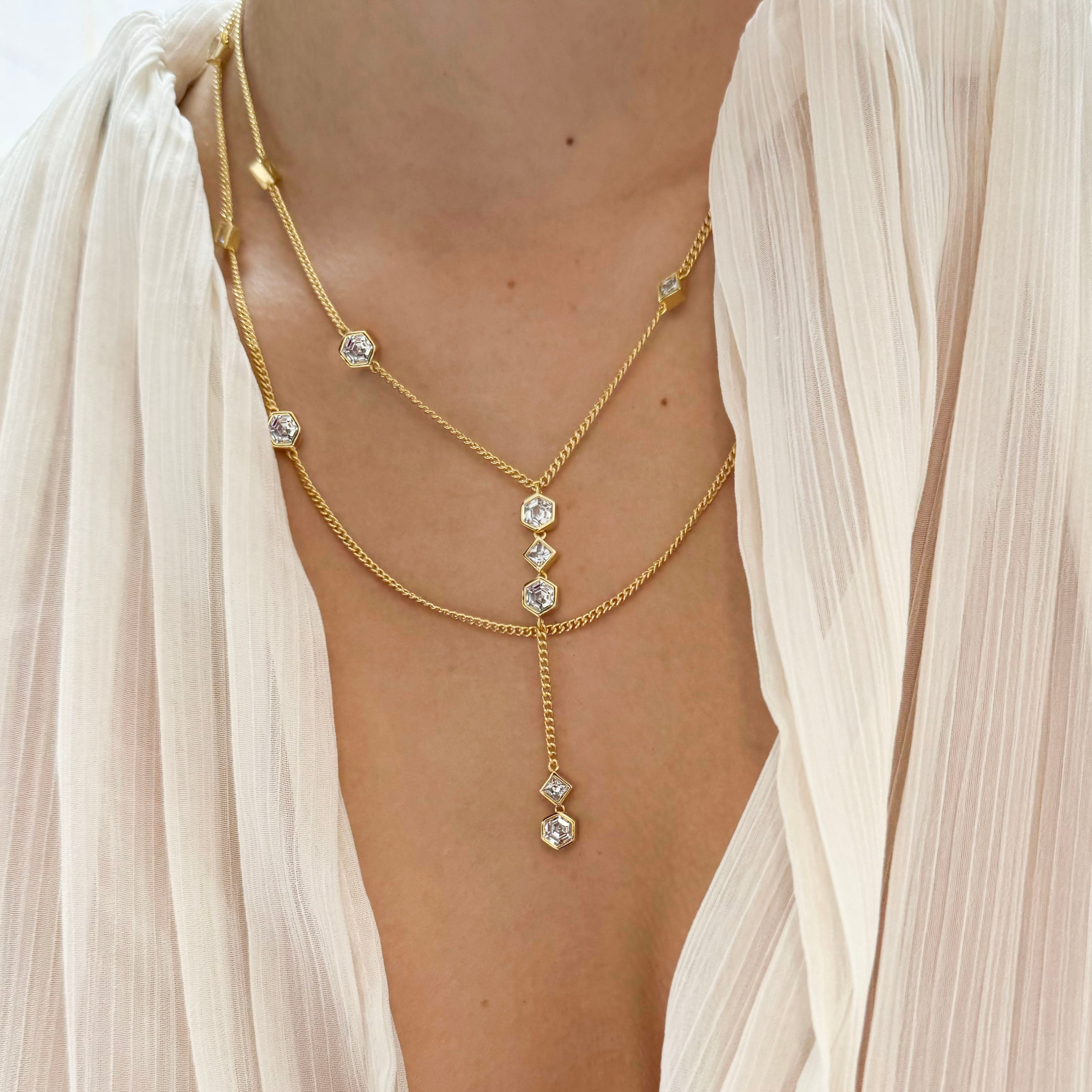 Women's Bezel Strand Necklace by Bonheur Jewelry NYC-White Swarovski crystal best necklaces for wife