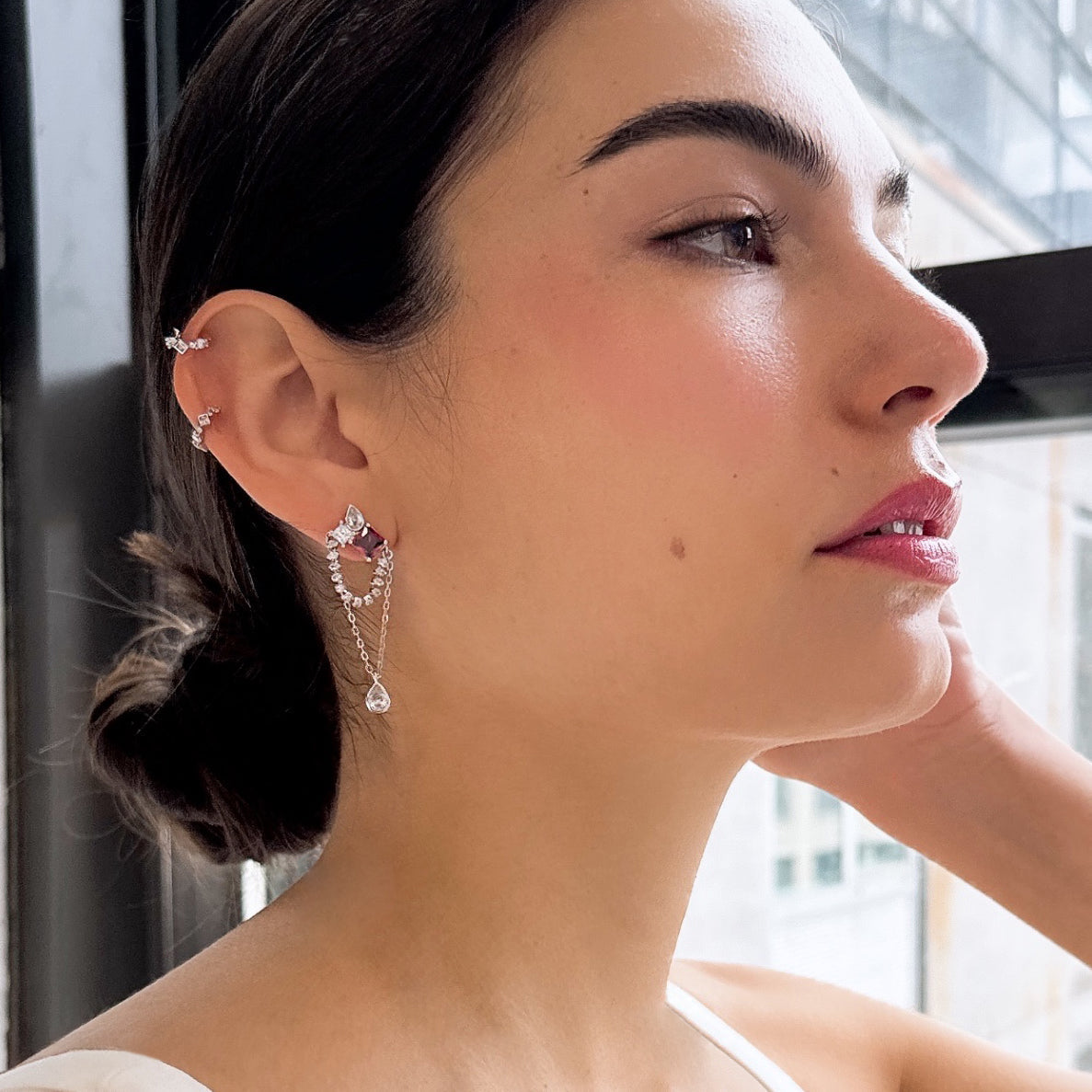 Women's Chain Stud Earrings by Bonheur Jewelry NYC-Swarovski Crystal dangle chain earrings​ near me
