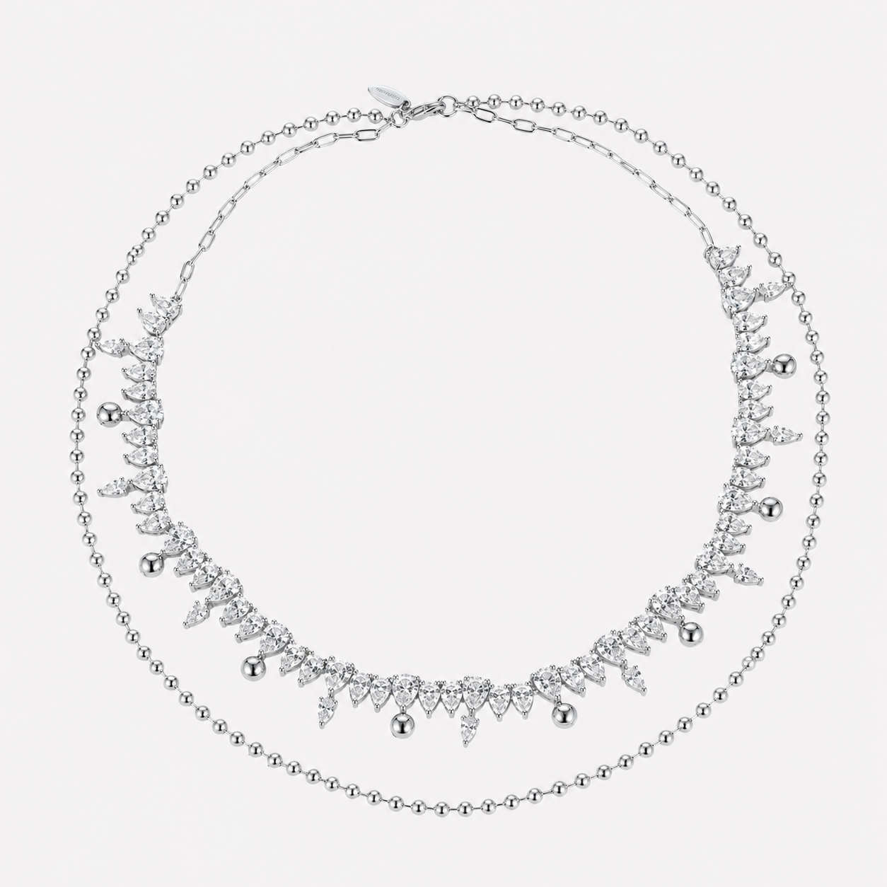 Bonheur Jewelry Evelyne Crystal Beaded Necklace, gold or rhodium finish, white pearl, necklace, styled view.