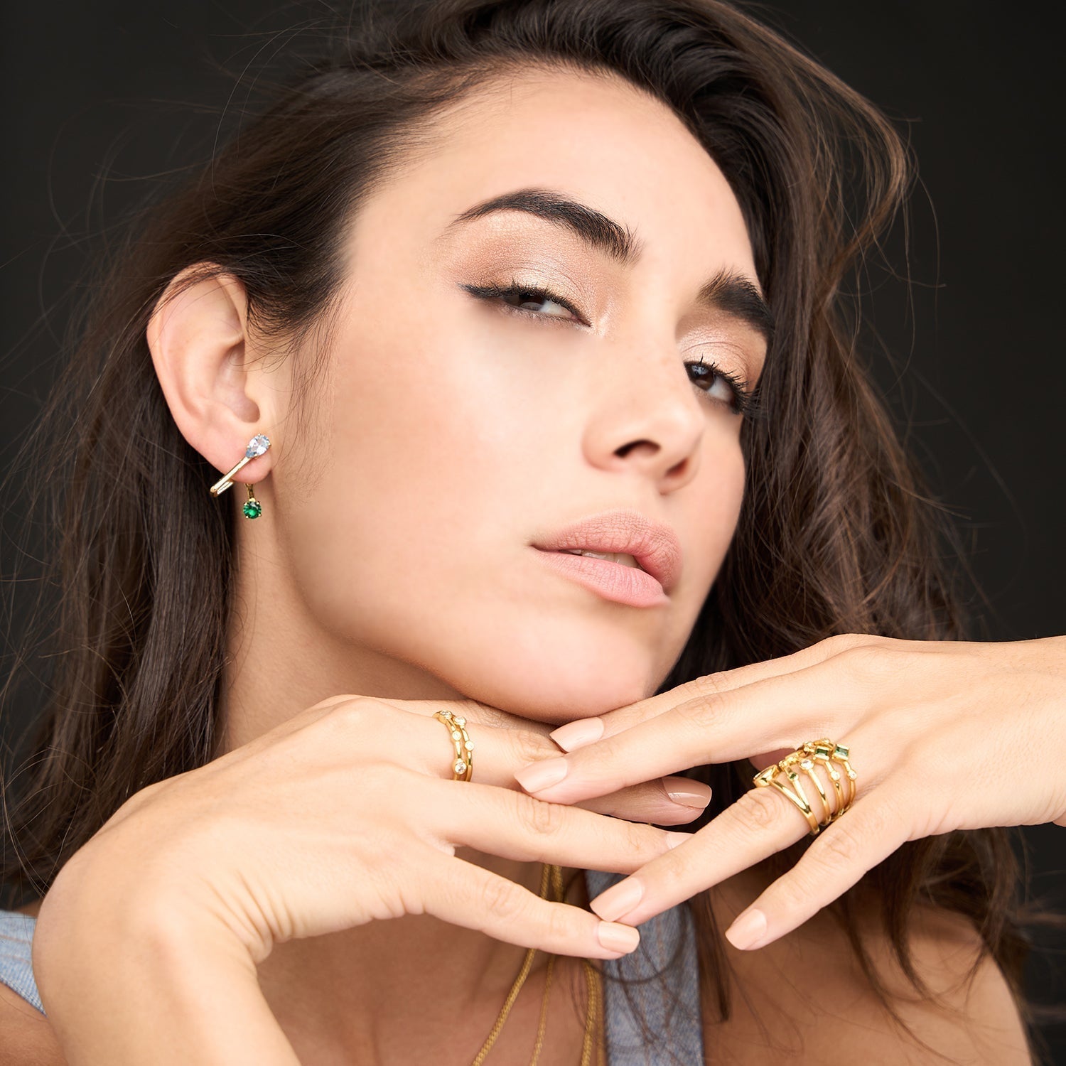 Women's Crystal Ear Jacket Earrings by Bonheur Jewelry NYC-Blue Green Swarovski Crystal ear jacket gold