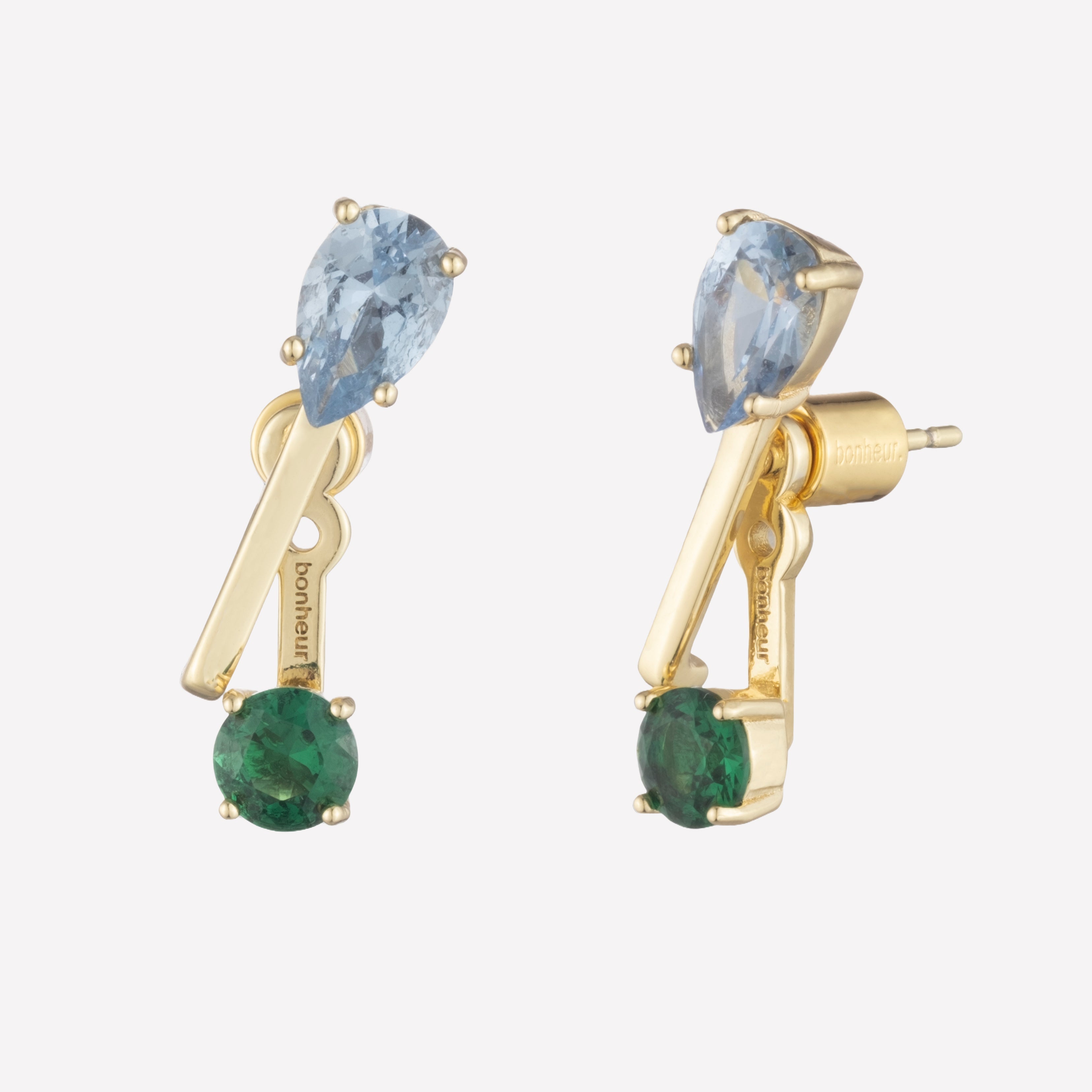 Women's Crystal Ear Jacket Earrings by Bonheur Jewelry NYC-Blue Green Swarovski Crystal ear jacket gold
