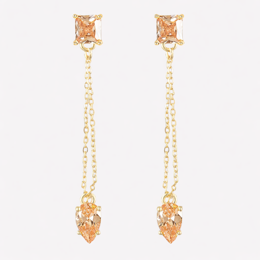 Women's dangling crystal earrings near me-Champagne Swarovski crystal earrings dangle by Bonheur Jewelry NYC
