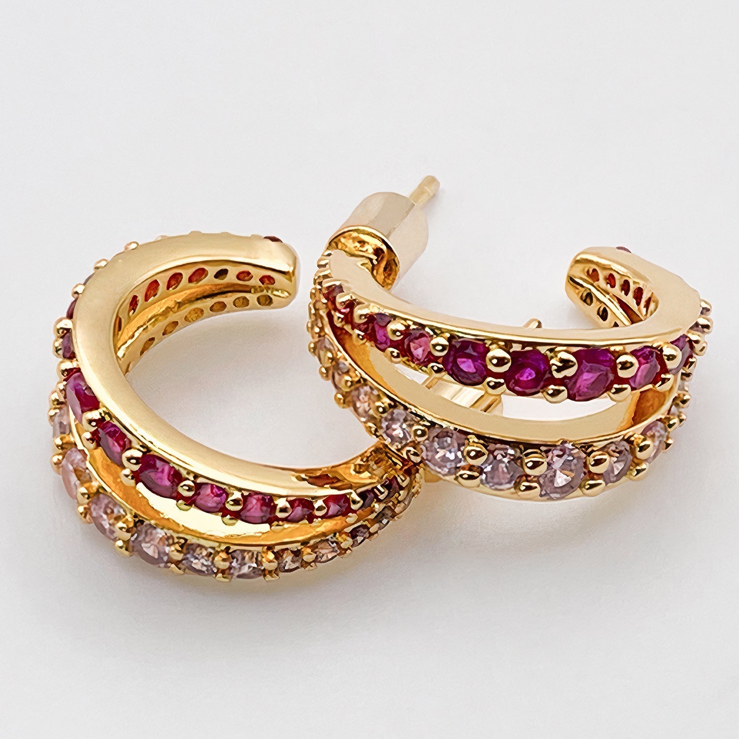 Women's Double Earring Hoops near me-Pink Swarovski crystal double hoops earrings by Bonheur Jewelry NYC