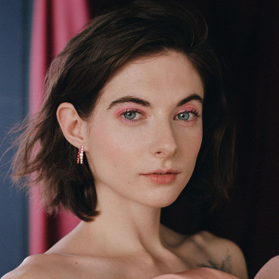 Women's Double Hoop Earrings by Bonheur Jewelry NYC-Pink Swarovski double hoop earrings near me