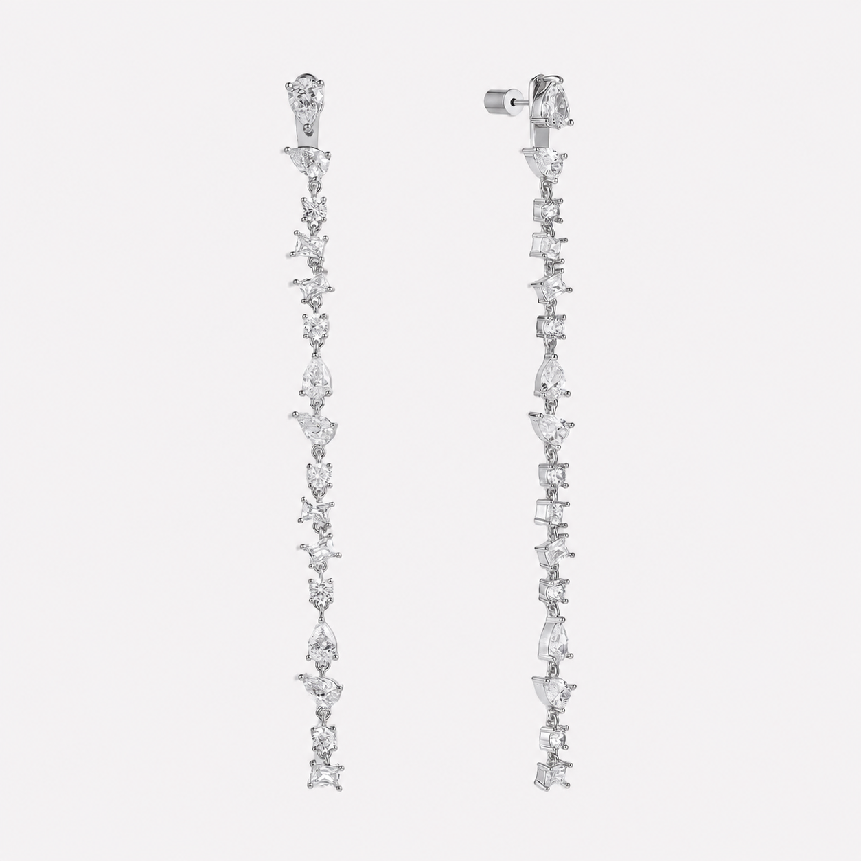 Bonheur Jewelry Corrine Ear Drop Earrings, gold or rhodium finish, white Swarovski crystal, earrings, styled view.