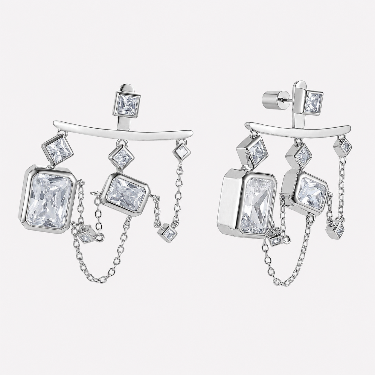 Bonheur Jewelry Celeste Ear Jacket Earrings, gold or rhodium finish, white Swarovski crystal, stud earrings, styled view.