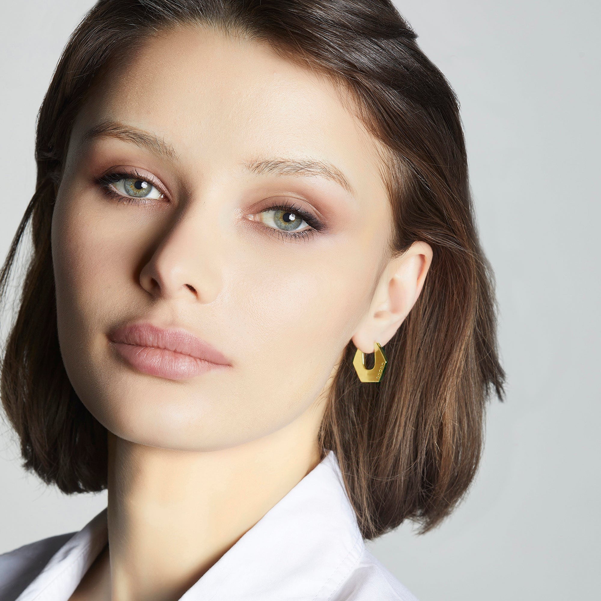 Women's flat hoop earrings near me-White Swarovski crystal gold hexagon hoop earrings by Bonheur Jewelry NYC