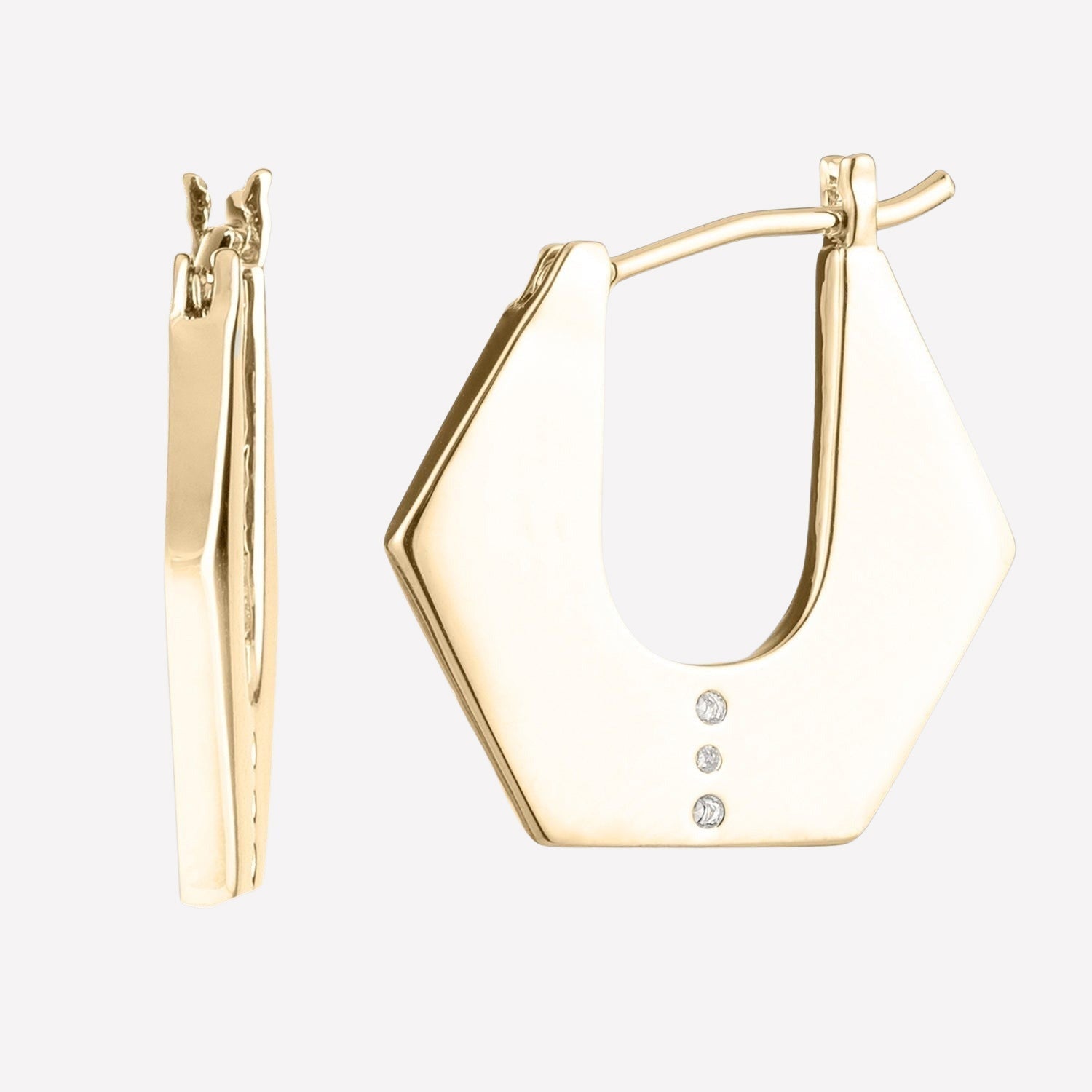 Women's flat hoop earrings near me-White Swarovski crystal gold hexagon hoop earrings by Bonheur Jewelry NYC