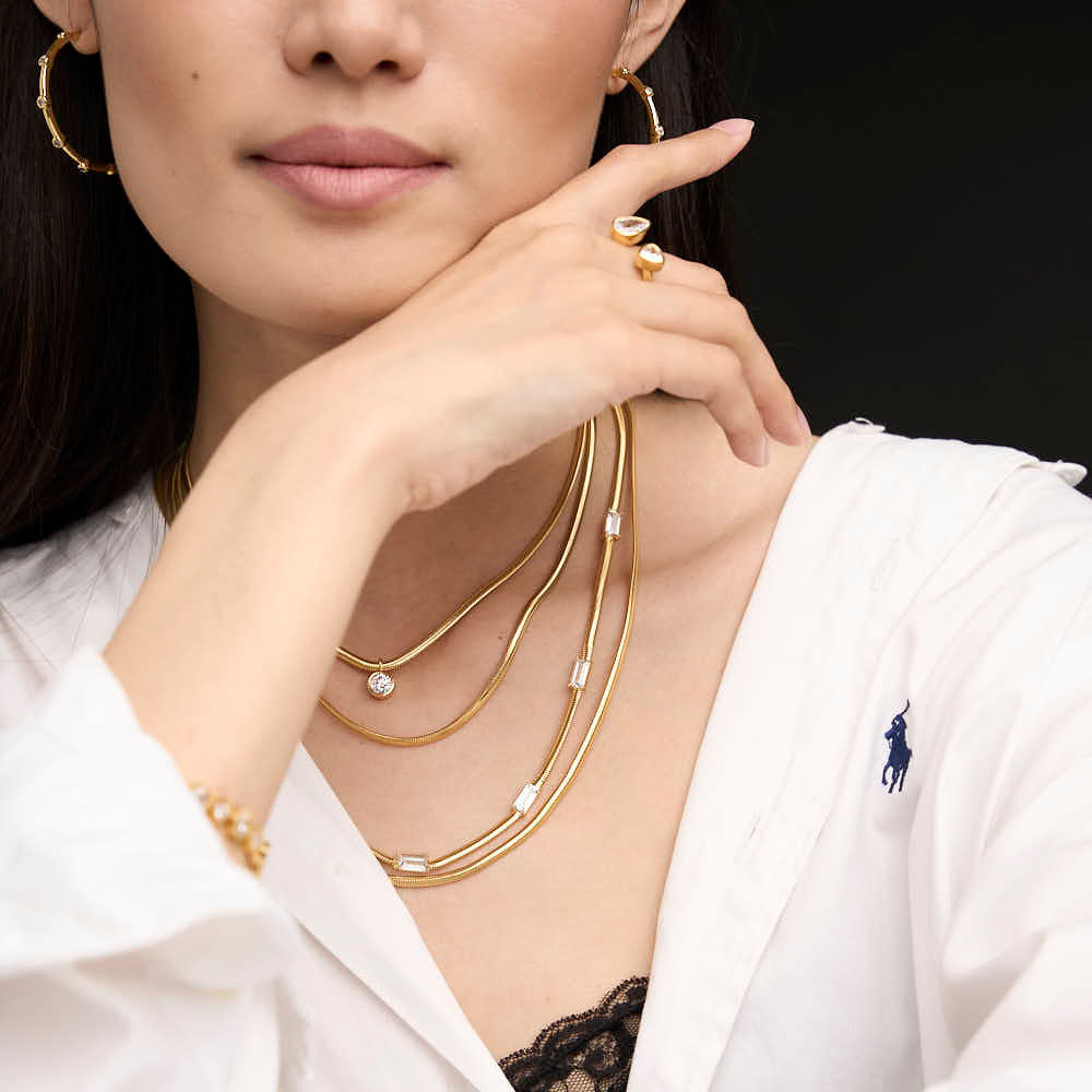 Women's Gold Snake Chain Necklace near me-White Swarovski crystal necklace with gold by Bonheur Jewelry