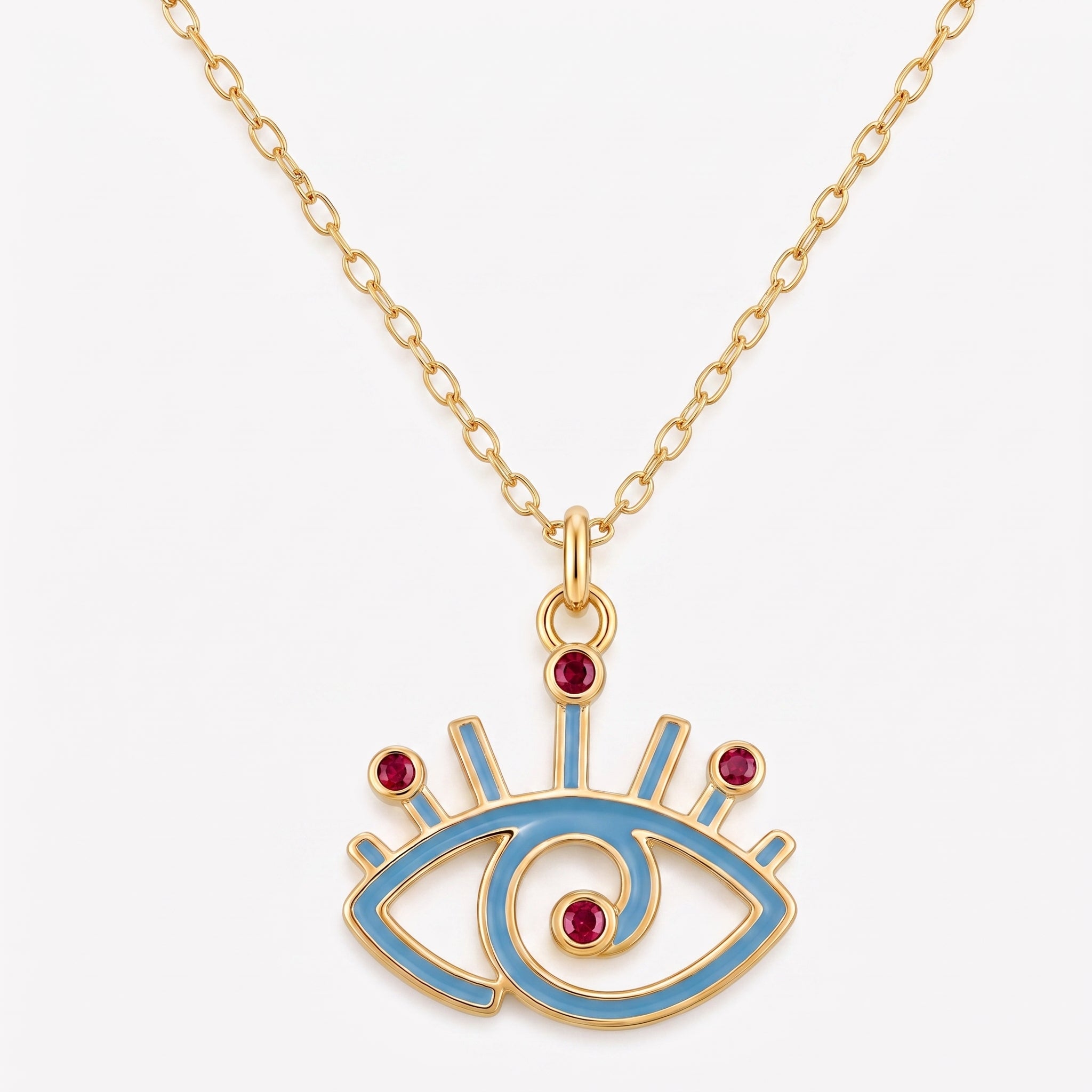 Bonheur Jewelry Shiva Greek Evil Eye Necklace, 18k gold plated finish, white Swarovski crystal, necklace, styled view.