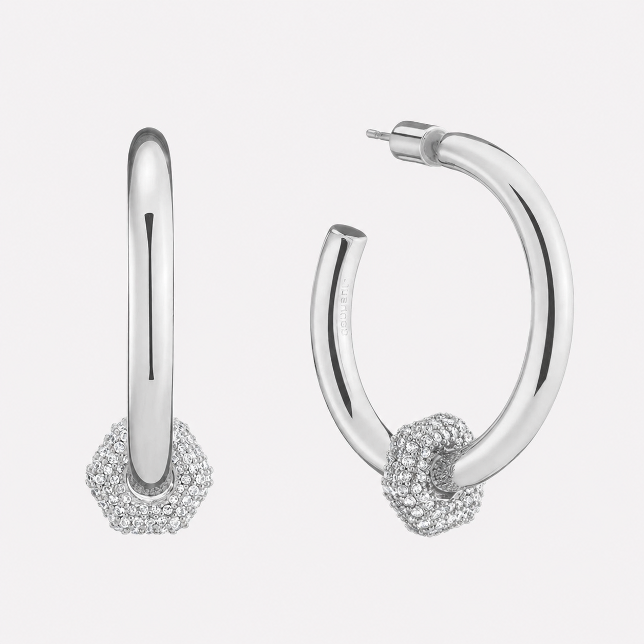 Bonheur Jewelry Poppy Hoop Earrings with Charm, gold, rose gold, or rhodium finish, crystal, hoop earrings, styled view.