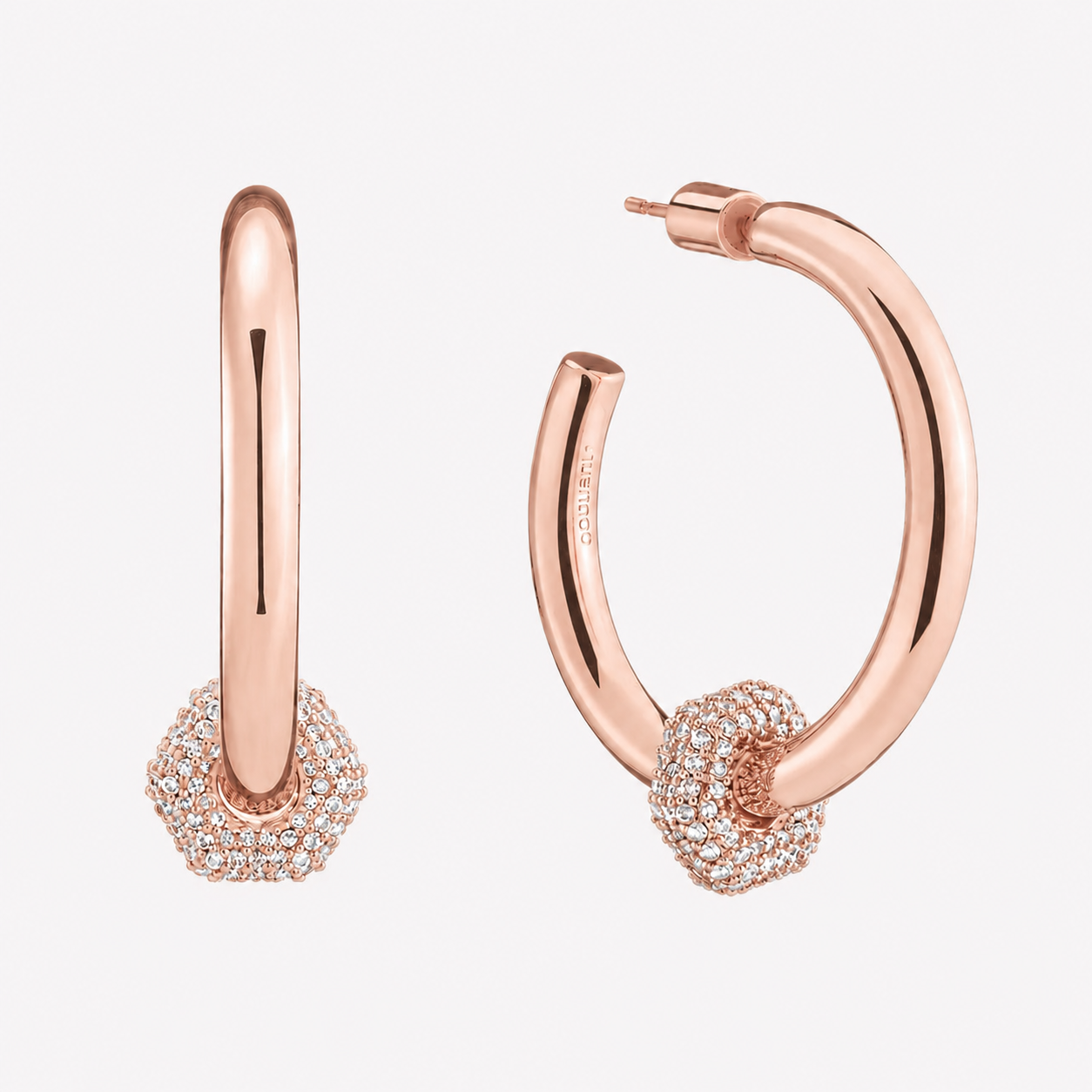 Bonheur Jewelry Poppy Hoop Earrings with Charm, gold, rose gold, or rhodium finish, crystal, hoop earrings, styled view.