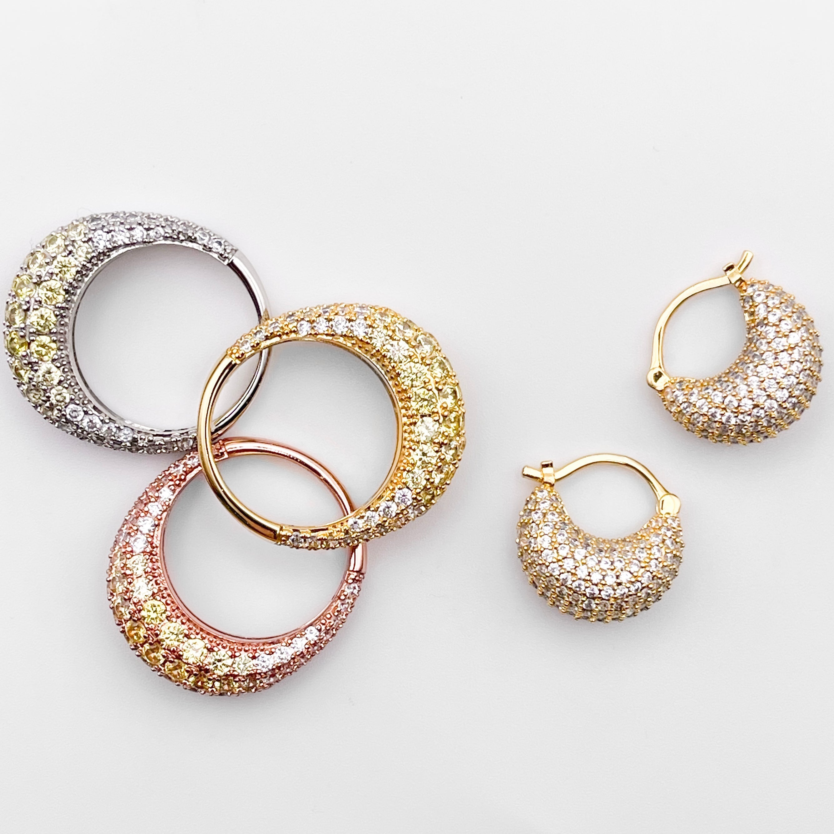 Women's hoop huggie earrings near me-White swarovski sparkling huggie hoop earrings​ by Bonheur Jewelry NYC