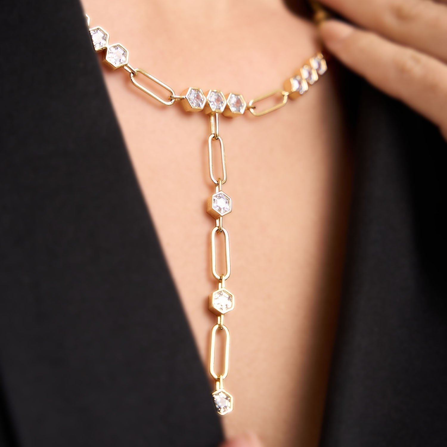 Women's Large Paperclip Chain Necklace by Bonheur Jewelry NYC-White Swarovski crystal paperclip chain charm necklace near me