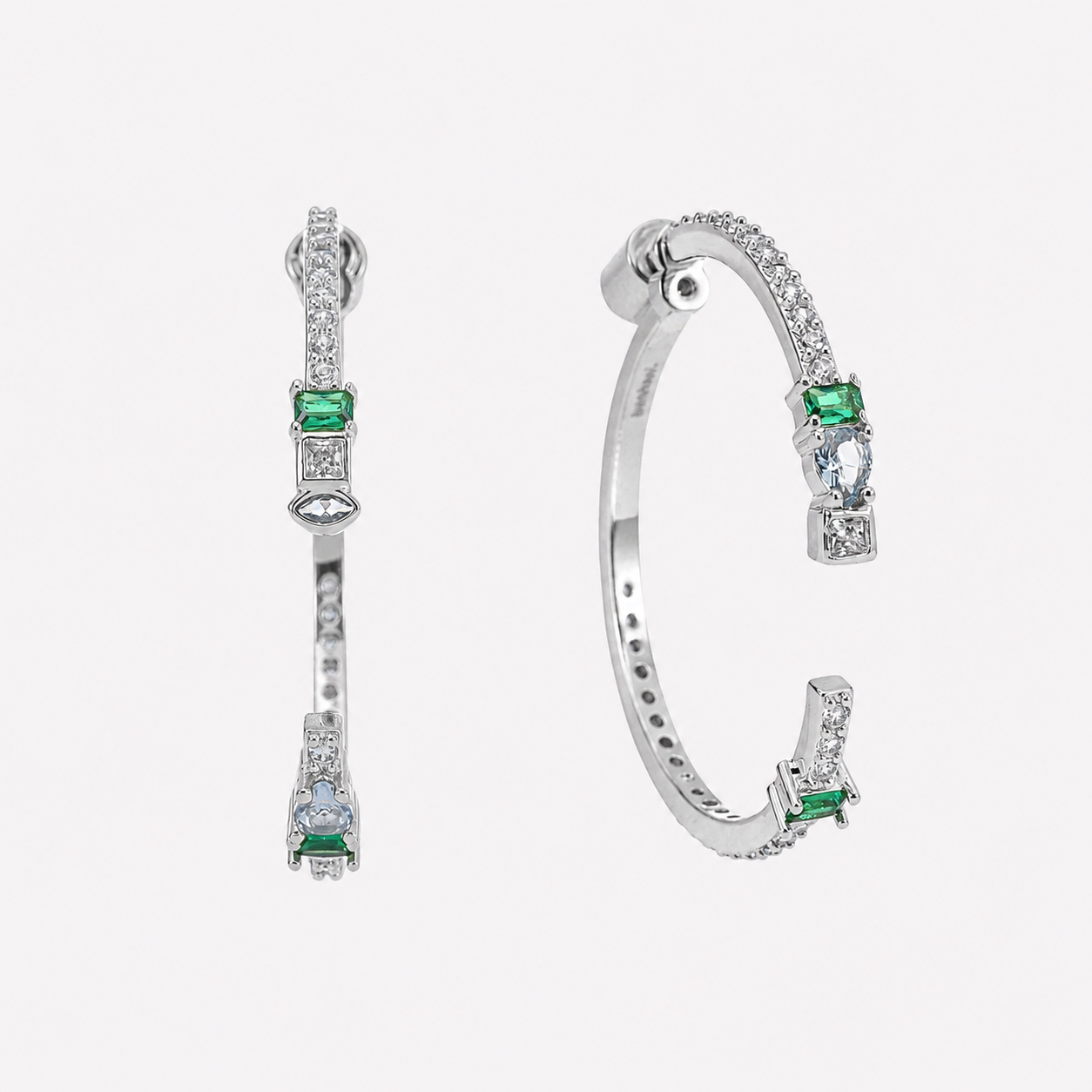 Bonheur Jewelry Lilou Open Hoop Ear Jacket Earrings, gold/rhodium finish, white crystal, hoop earrings, styled view.