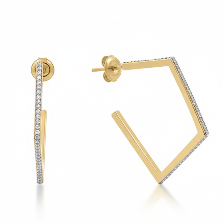 Bonheur Jewelry NYC Gold Pave Hoop Earrings featuring round white Swarovski crystals in a premium prong setting; high-shine 18k gold plated luxury jewelry for wedding guests, bridal wear, or modern everyday elegance.