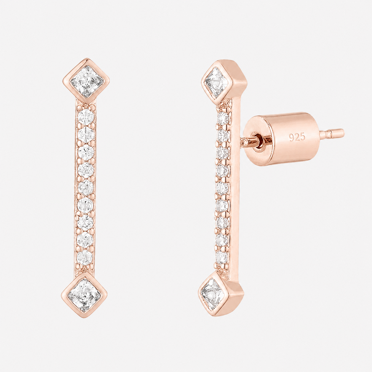 Bonheur Jewelry Gabrielle Petite Earrings, gold, rose gold, or rhodium finish, Swarovski crystal, earrings, styled view.