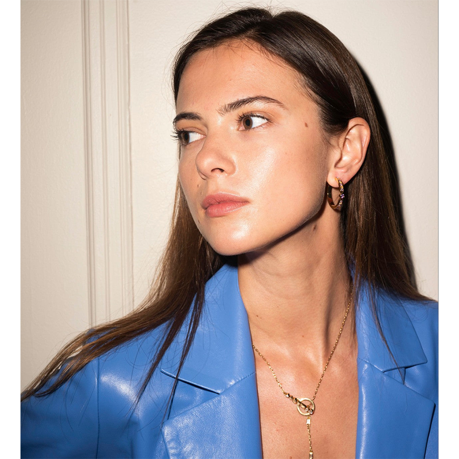 Women's Red Hoops near me-Swarovski Crystal hypoallergenic gold hoops by Bonheur Jewelry NYC