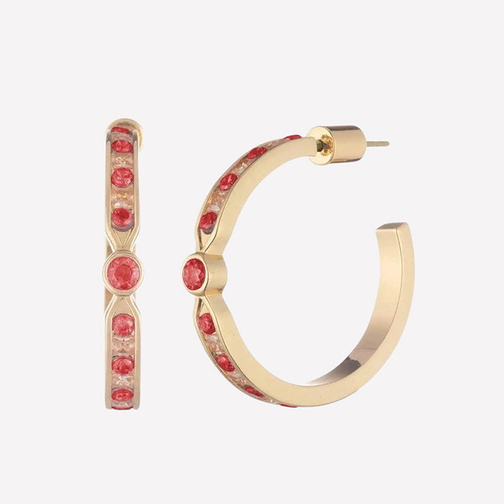 Women's Red Hoops near me-Swarovski Crystal hypoallergenic gold hoops by Bonheur Jewelry NYC