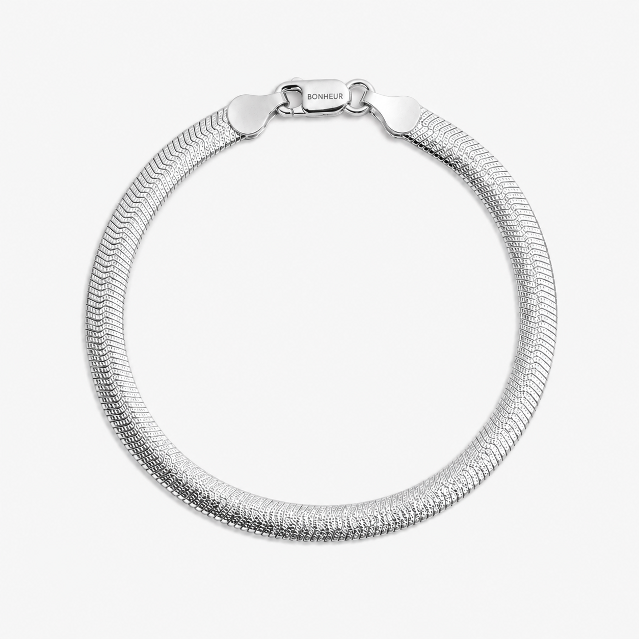 Bonheur Jewelry Angelique Sterling Silver Herringbone Bracelet, rhodium plated finish, polished metal, bracelet, front view.
