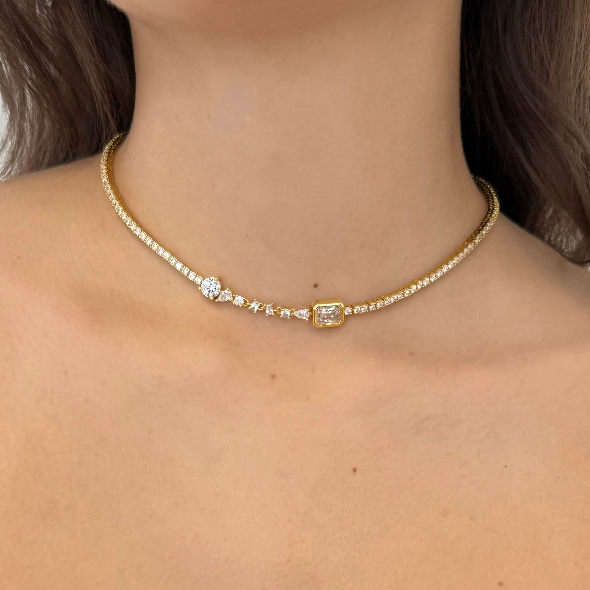 Women's 16 inch tennis necklace by Bonheur Jewelry NYC-White Swarovski crystal bezel tennis necklace​ near me