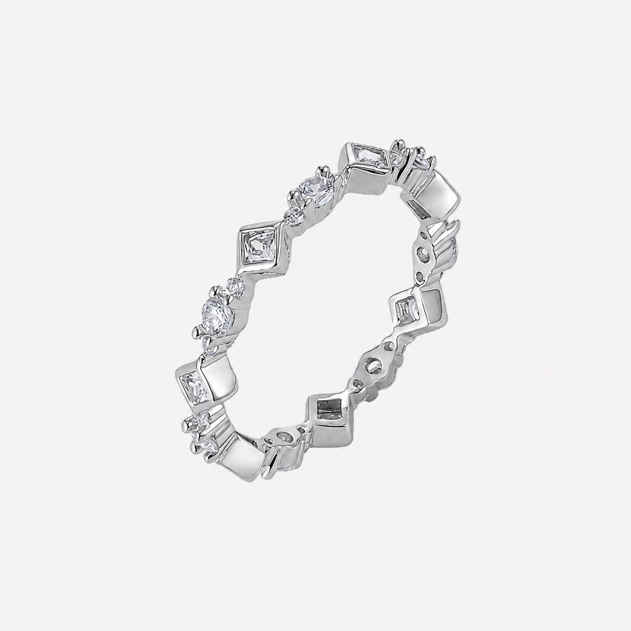 Bonheur Jewelry Évangeline Thin Eternity Band, gold or rhodium finish, white Swarovski crystal, ring, front view.