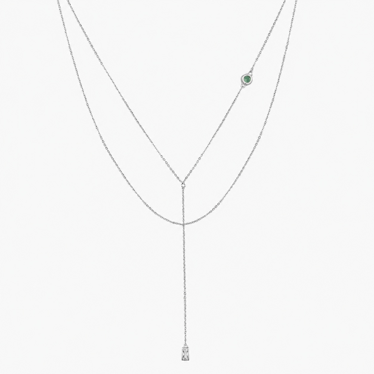 Bonheur Jewelry Julien Y Shaped Necklace, gold, rose gold, or rhodium finish, green Swarovski crystal, necklace, styled view.