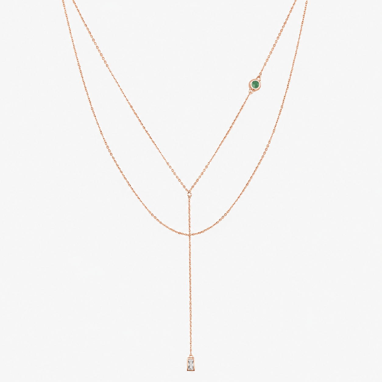 Bonheur Jewelry Julien Y Shaped Necklace, gold, rose gold, or rhodium finish, green Swarovski crystal, necklace, styled view.