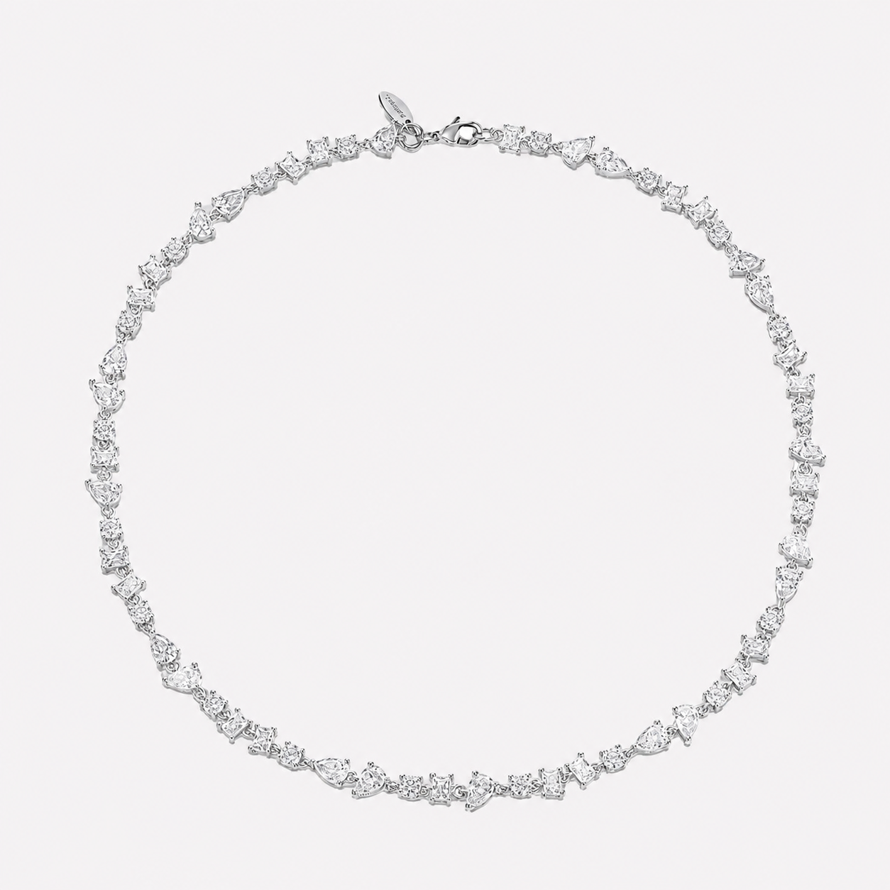 Bonheur Jewelry Corrine Tennis Crystal Necklace, gold or rhodium finish, white Swarovski crystal, necklace, styled view.