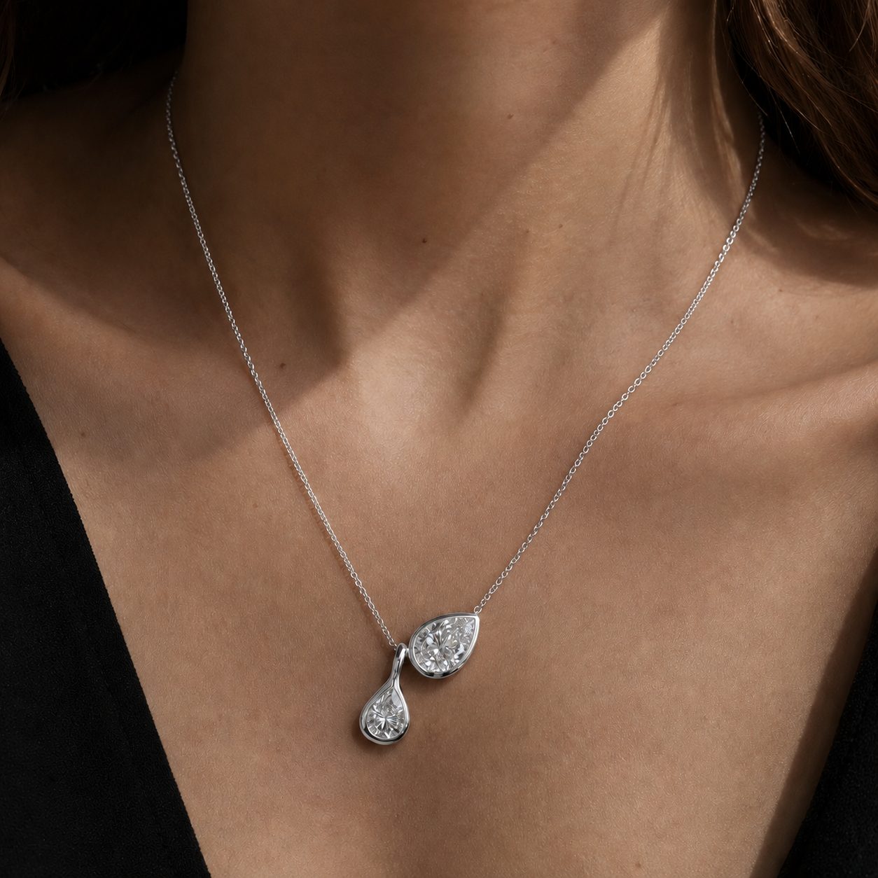 Bonheur Jewelry Bernadette Pear Necklace in 18k gold plated silver with pear-shaped Swarovski crystal, front view.