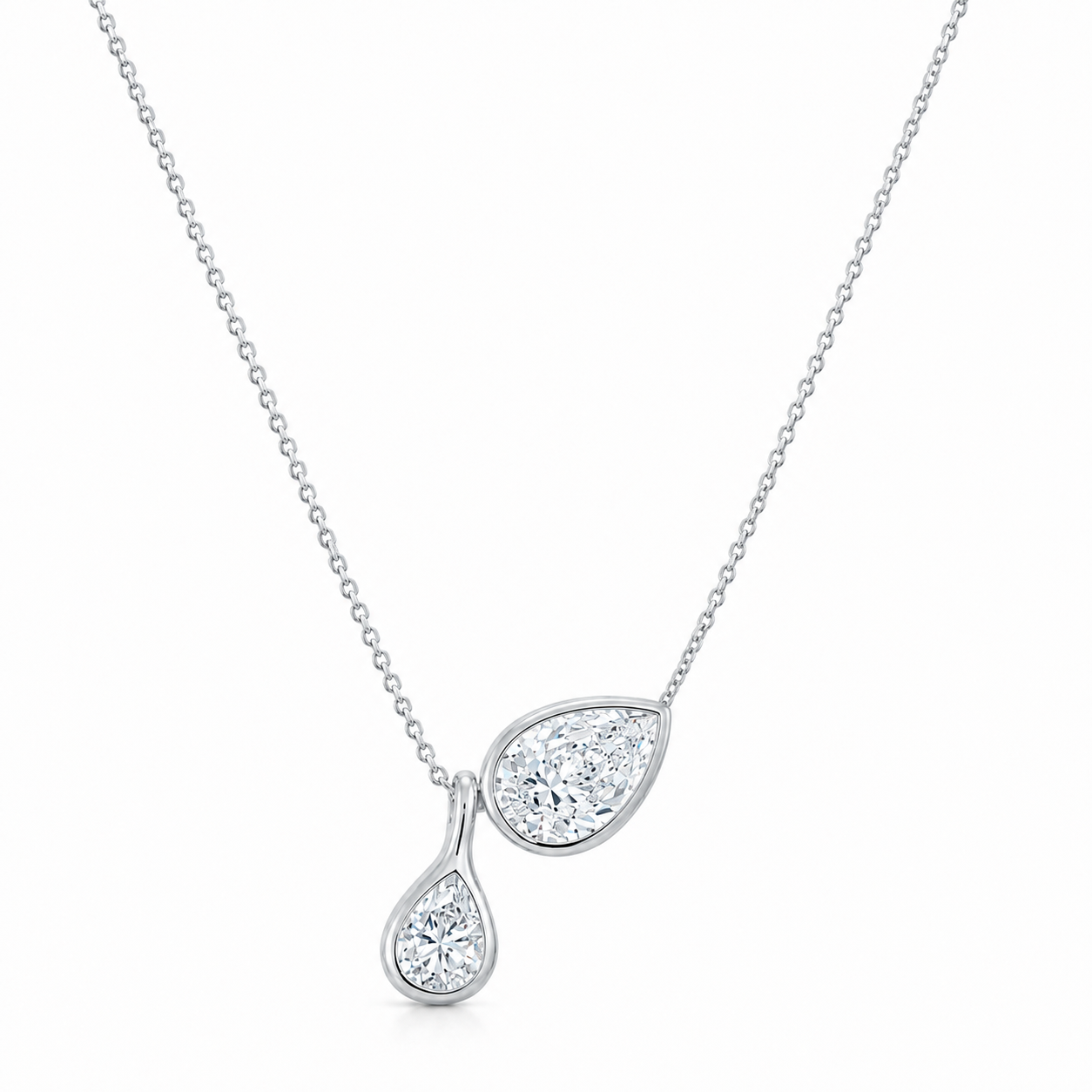 Bonheur Jewelry Bernadette Pear Shaped Necklace in rhodium plated silver with pear Swarovski crystal, front view.