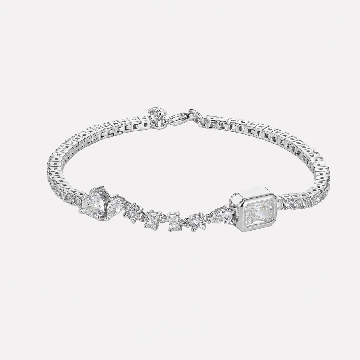 Bonheur Jewelry Celeste Clear Crystal Bracelet, clear Swarovski crystals in a mixed cut tennis bracelet, gold or rhodium finish, side view.