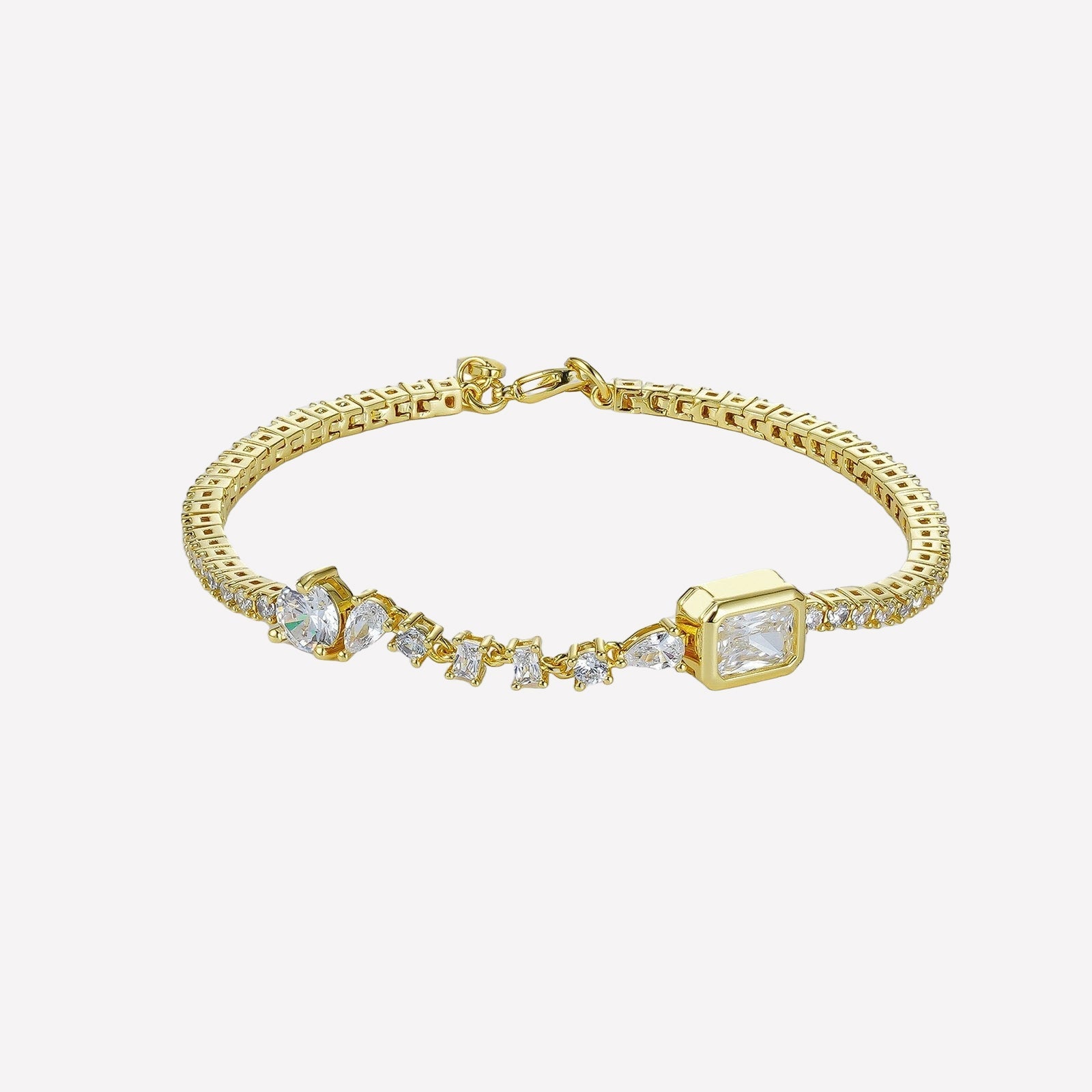 Bonheur Jewelry Celeste Clear Crystal Bracelet, clear Swarovski crystals in a mixed cut tennis bracelet, gold or rhodium finish, side view.