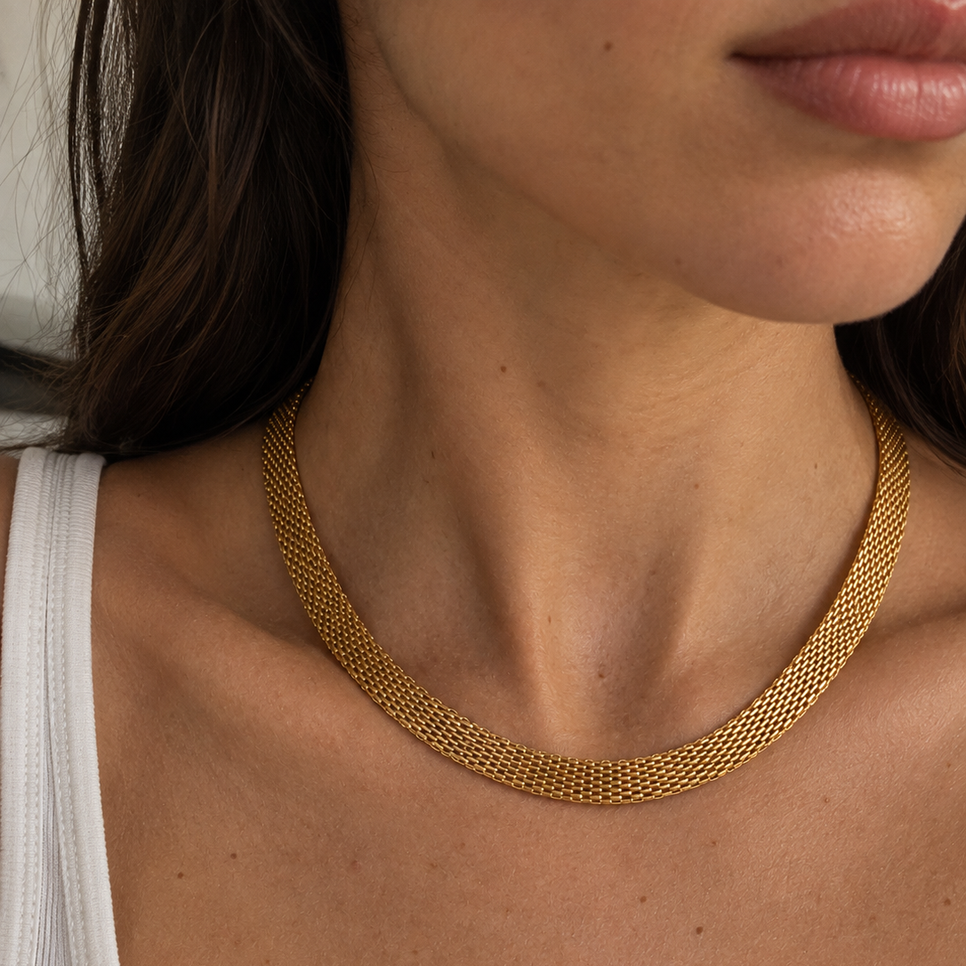 Model wearing the Claudine 16-inch gold mesh necklace