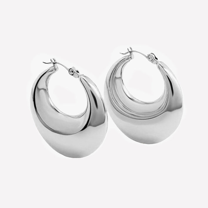 Bonheur Jewelry Daphné Extra Large Puffy Hoops, gold or rhodium finish, crystal, hoop earrings, detail view.